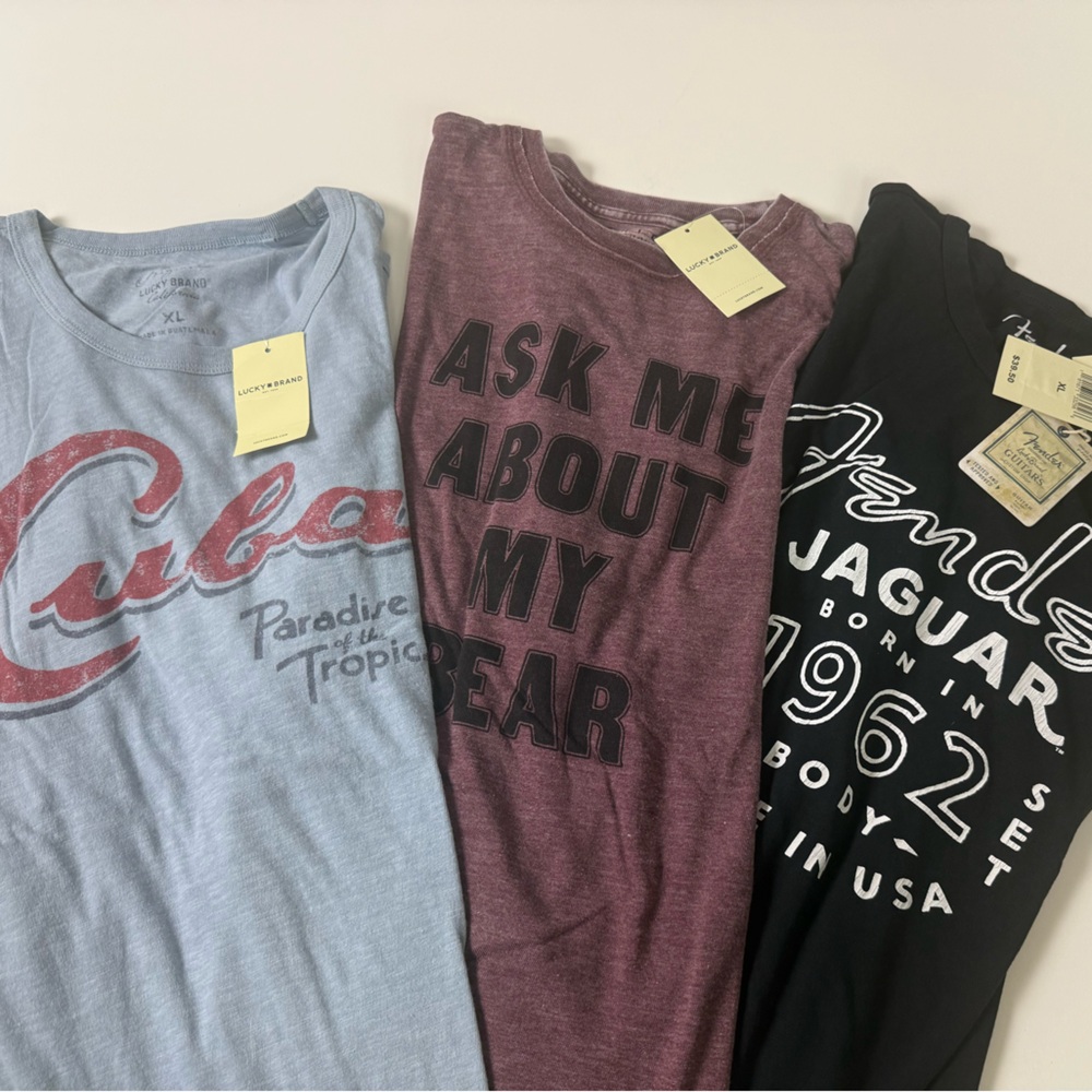 Lucky Brand T-Shirt Bundle of 3 NWT Tees Ask About Bear Cuba Fender Guitars New
